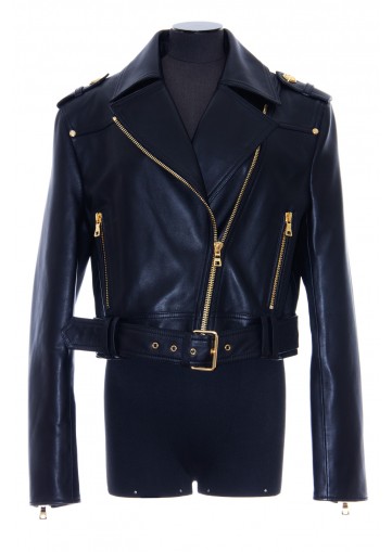 BALMAIN CROPPED BELTED LEATHER BIKER JACKET