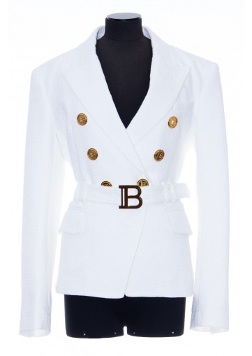 BALMAIN 6 BTN BELTED MONOGRAM DENIM JACKET