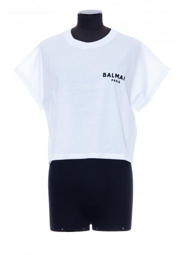 BALMAIN CROPPED SS BALMAIN FLOCK DETAIL T-SHIRT