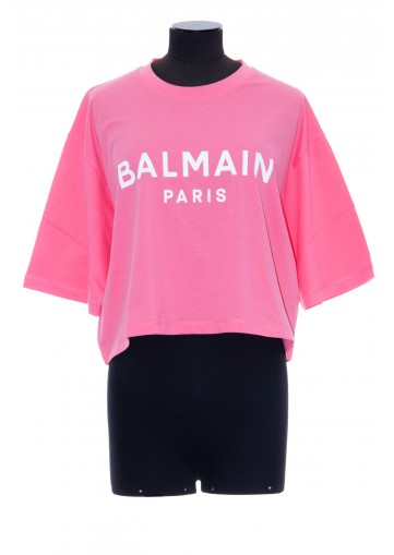 BALMAIN CROPPED BALMAIN PRINT T-SHIRT