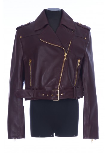 CROPPED BELTED LEATHER BIKER JACKET