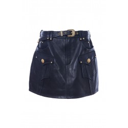 2 PKTS BELTED LEATHER TRAPEZE MINI SKIRT