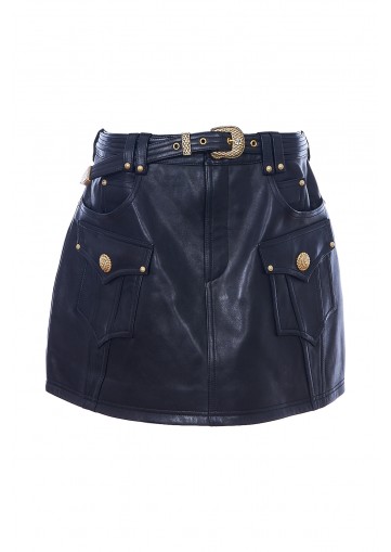 2 PKTS BELTED LEATHER TRAPEZE MINI SKIRT