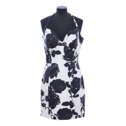 B&W ROSES PRINT SHORT LEATHER DRESS