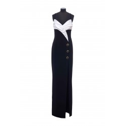 B&W DRAPED V-NECK CREPE LONG SLIT