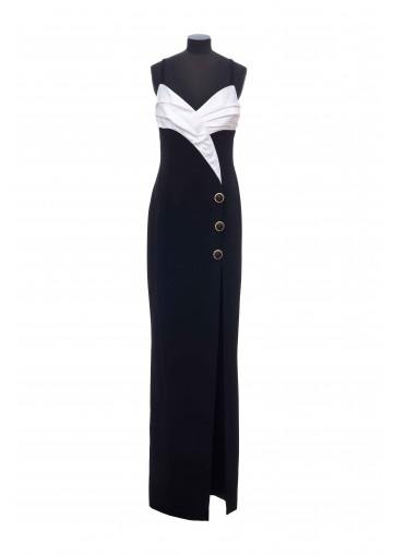 B&W DRAPED V-NECK CREPE LONG SLIT