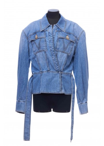 LS LIGHT BLUE DENIM BELTED CROP SHIRT